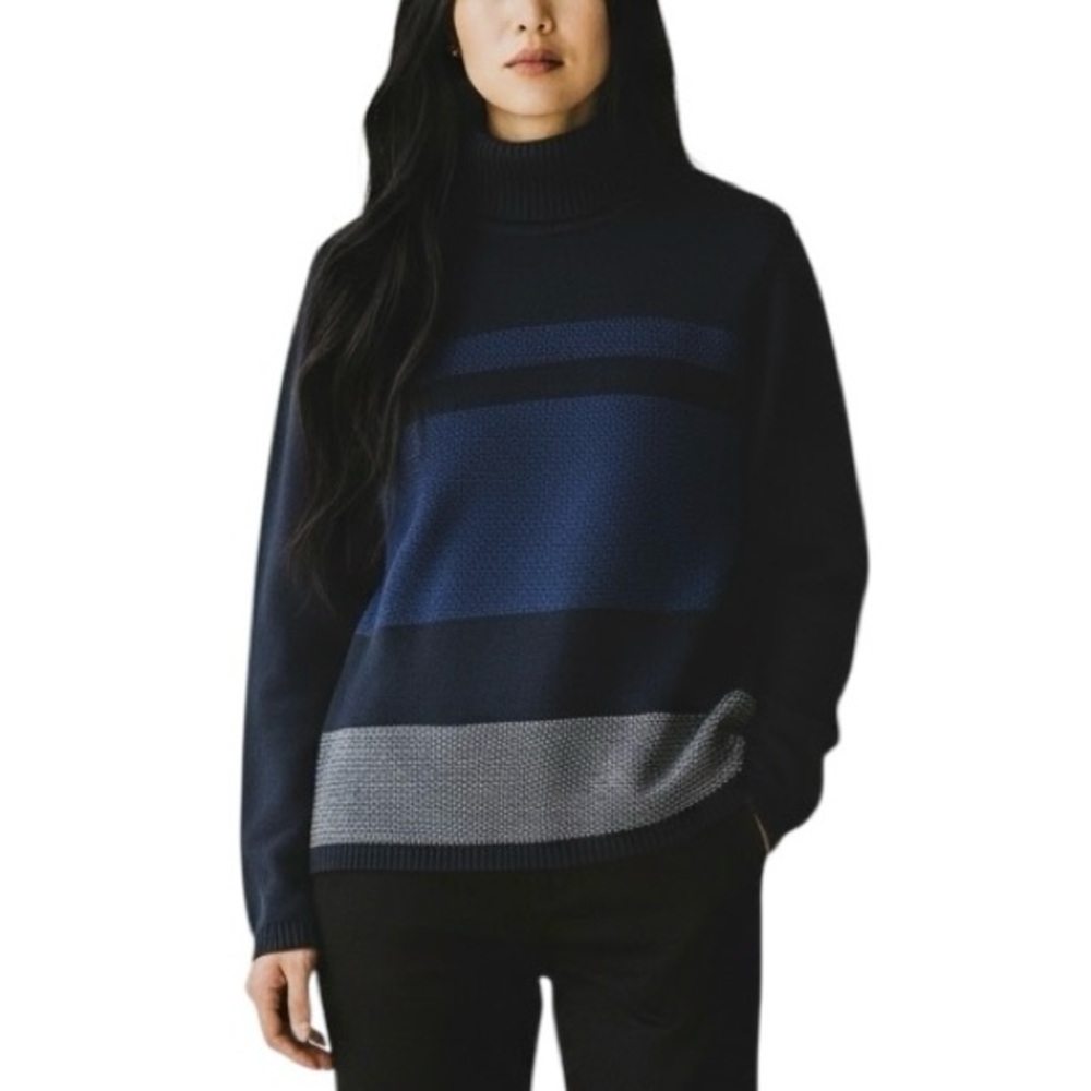 Karen Scott Black Blue White Colorblock Cotton Turtleneck Sweater - Large